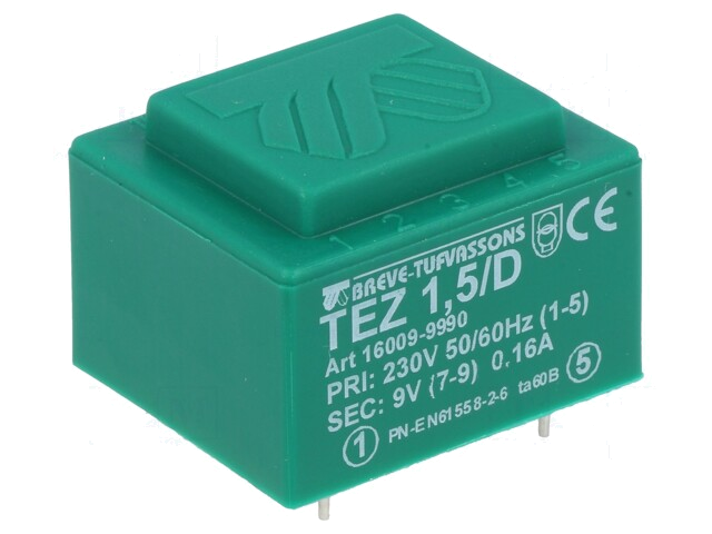 Transformator: ingegoten; 1,5VA; 230VAC; 9V; 166,6mA; PCB; IP00 Transformator: ingegoten; 1,5VA; 230VAC; 9V; 166,6mA; PCB; IP00